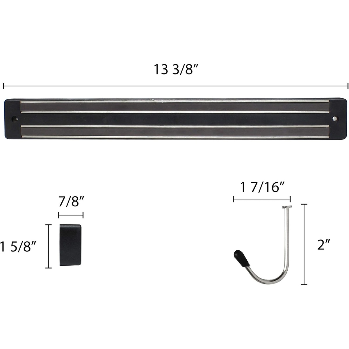 Thunder Group SLGB013 magnetic bar dimension diagram showing 13 3/8 inch length, 1 5/8 inch height, and 7/8 inch depth with hook accessory measurements