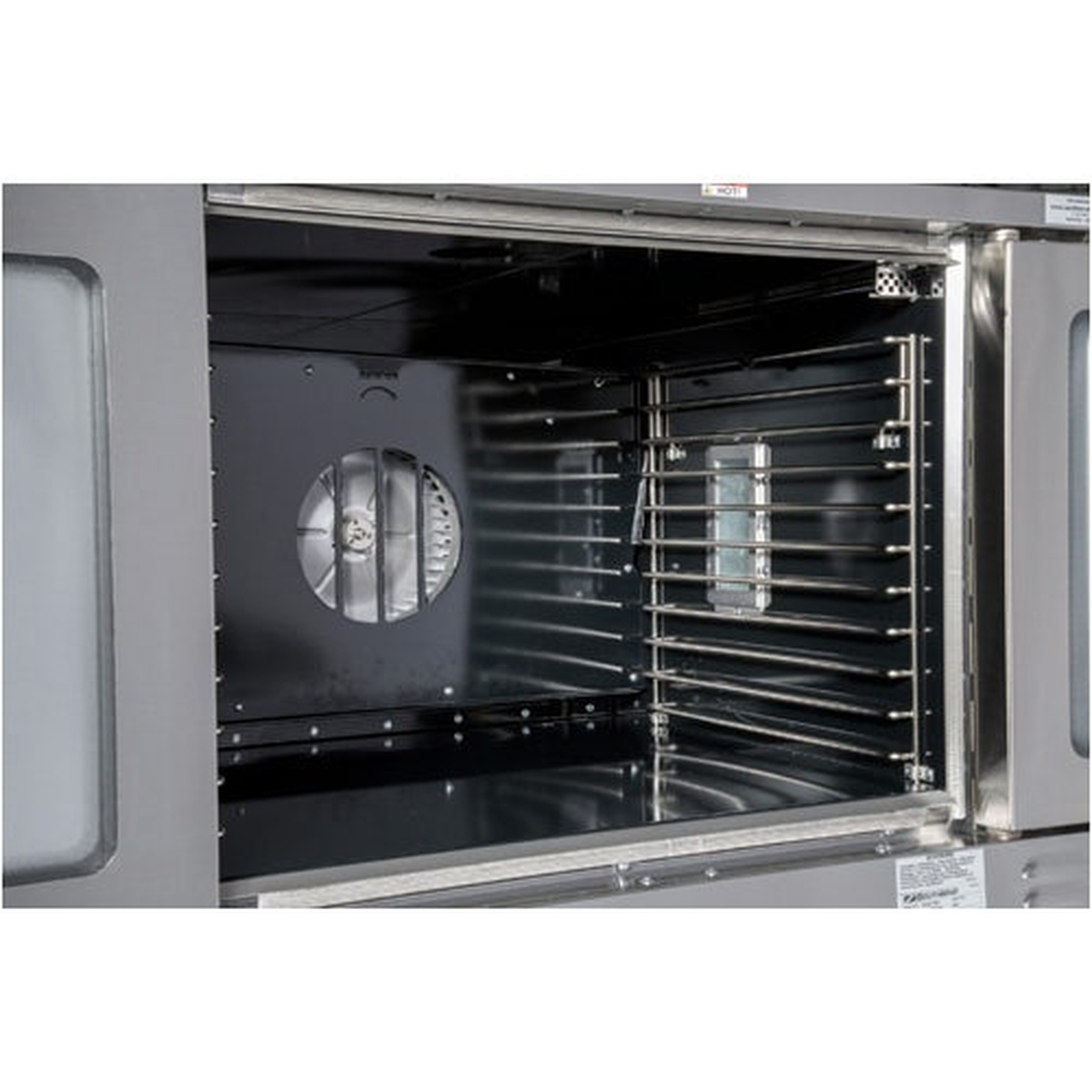 Porcelain enamel interior of Southbend convection oven with rack rails and fan