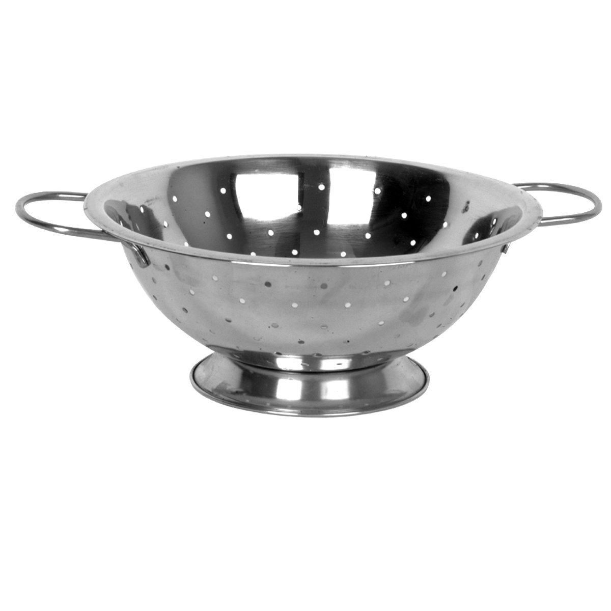 Thunder Group SLIL004 13 Qt stainless steel colander with perforated bowl, footed base, and dual loop handles on white background