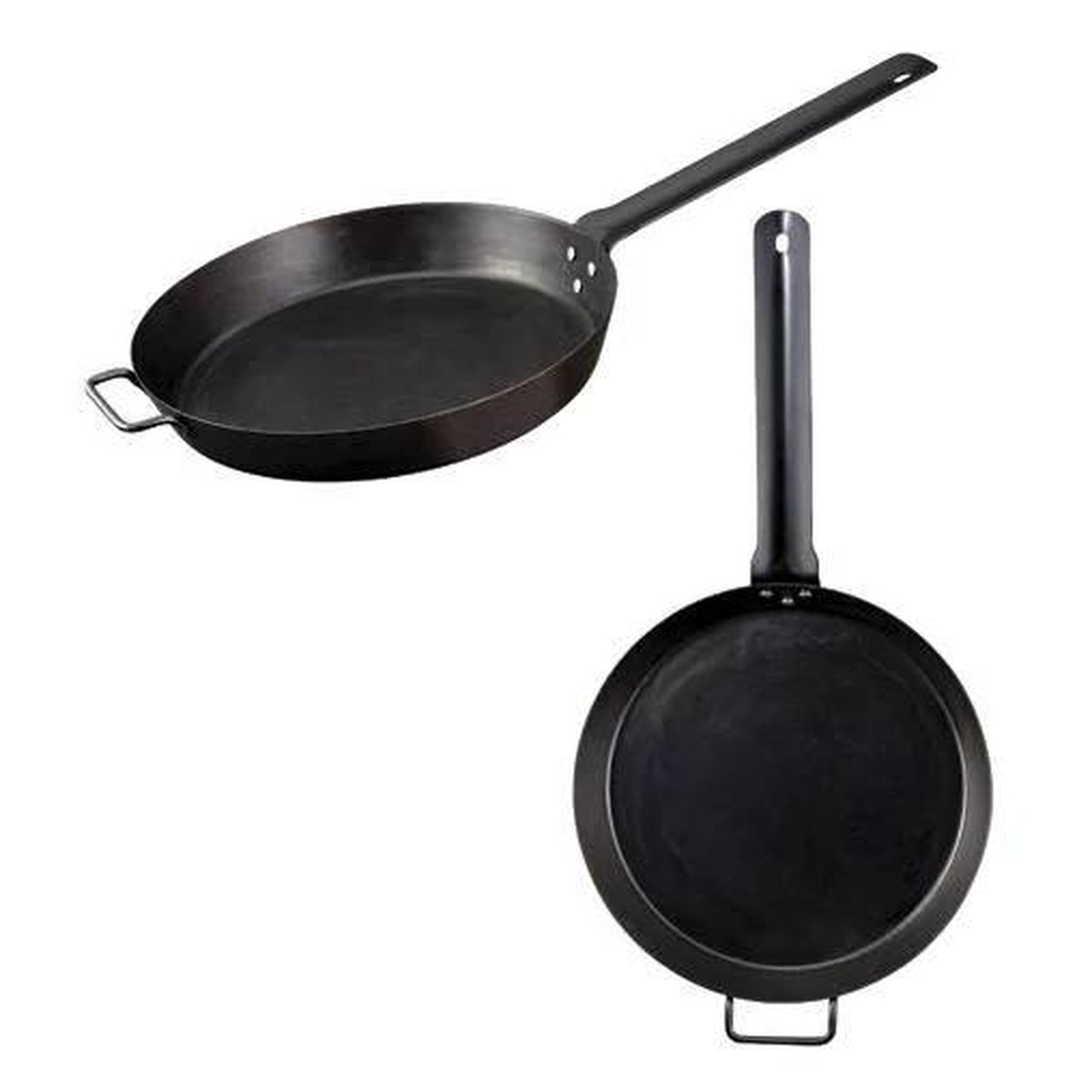 Two views of the Camp Chef Lumberjack Skillet showing the deep sides and long handle