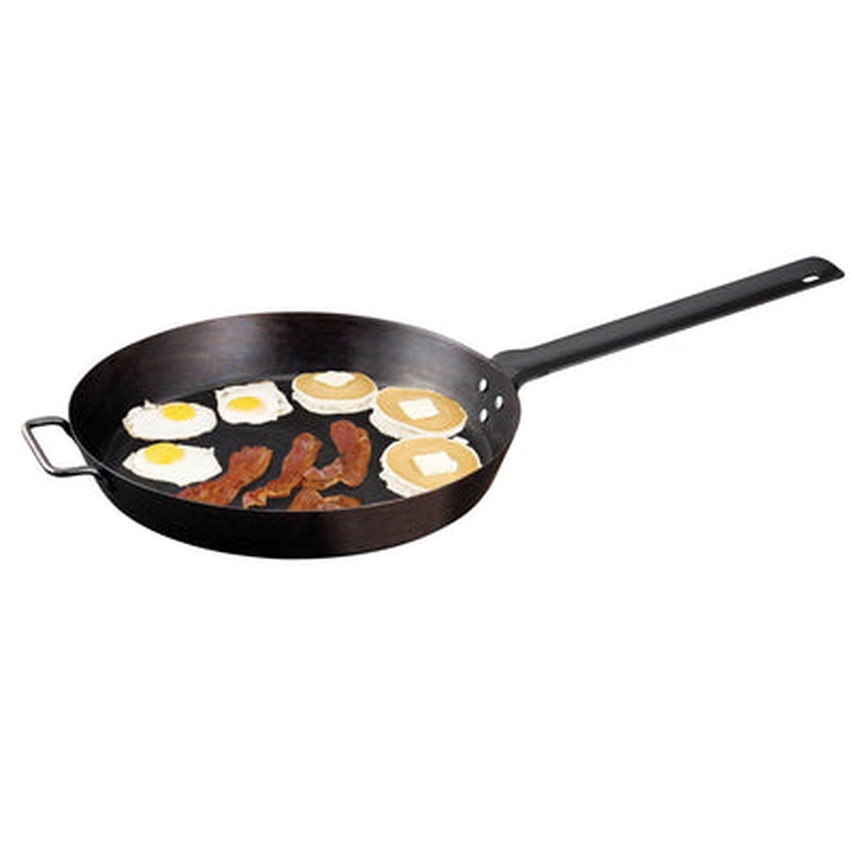 Camp Chef Lumberjack Skillet filled with eggs, bacon, and pancakes