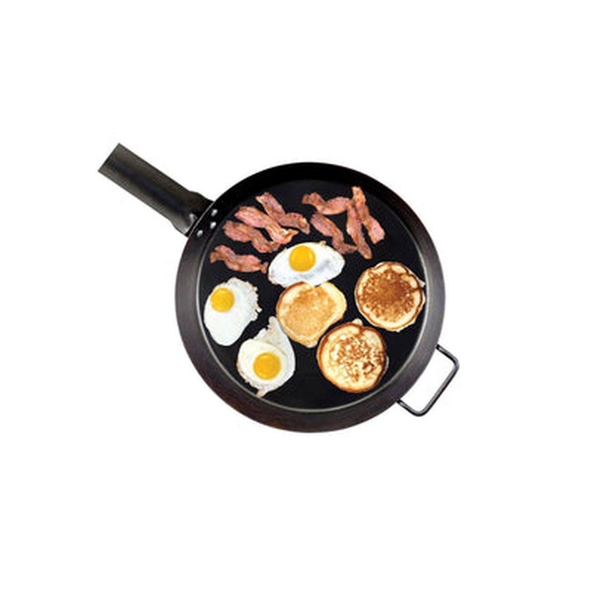 Top down view of the 16 inch seasoned steel skillet with breakfast food