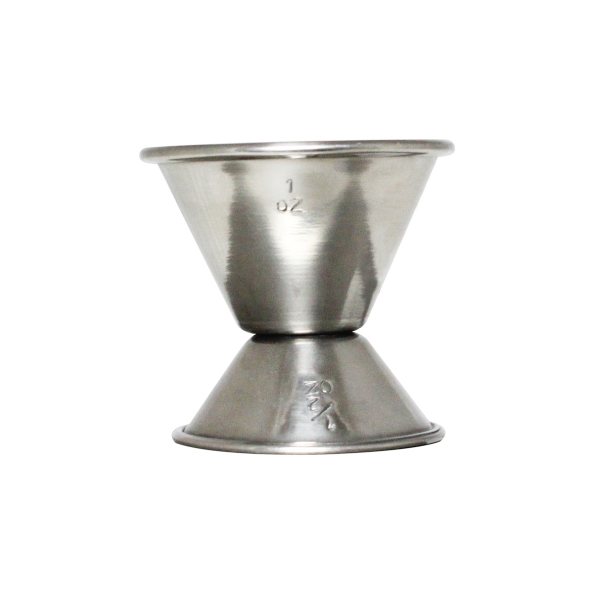 Thunder Group SLJG001 stainless steel double jigger showing 1 oz and 1/2 oz embossed markings on each side