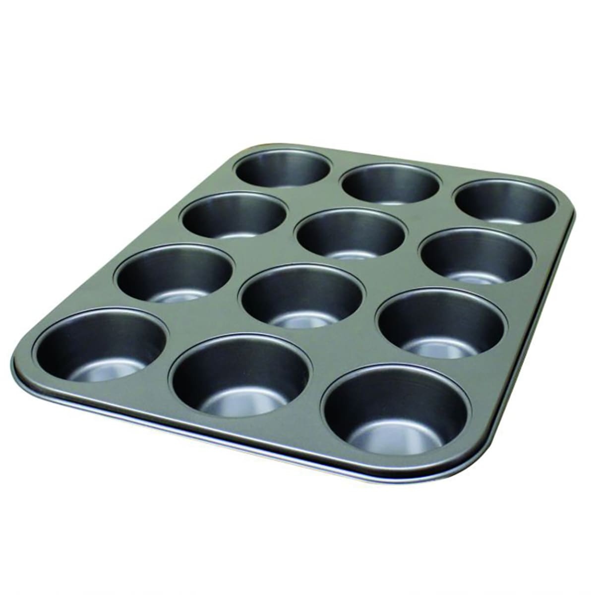 Thunder Group SLKMP012 12-cup non-stick carbon steel muffin pan with round cups arranged in a 3x4 grid