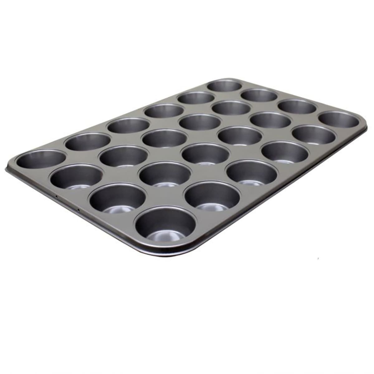 Thunder Group SLKMP024 24-cup carbon steel non-stick muffin pan with uniform round wells, angled view