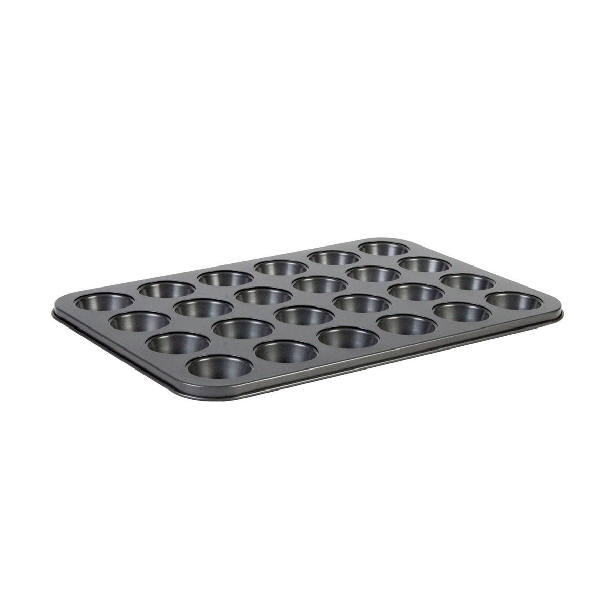 Thunder Group SLKMP124 24-cup mini muffin pan angled perspective view showing deep cup wells and dark non-stick finish
