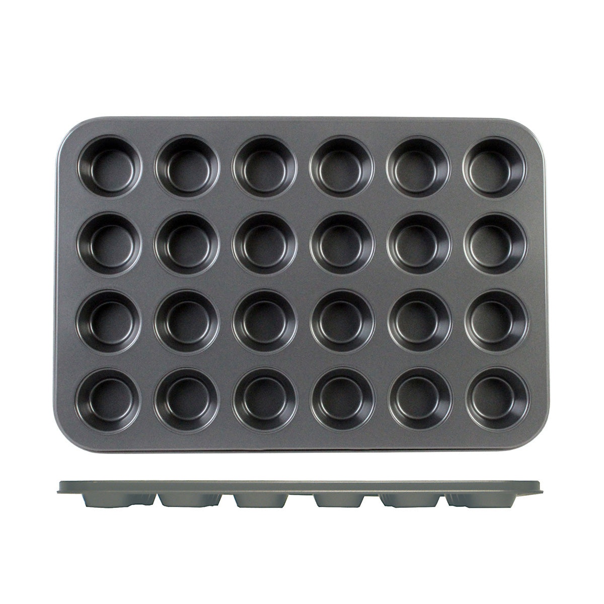 Thunder Group SLKMP124 24-cup mini muffin pan top view and side profile showing non-stick carbon steel cups