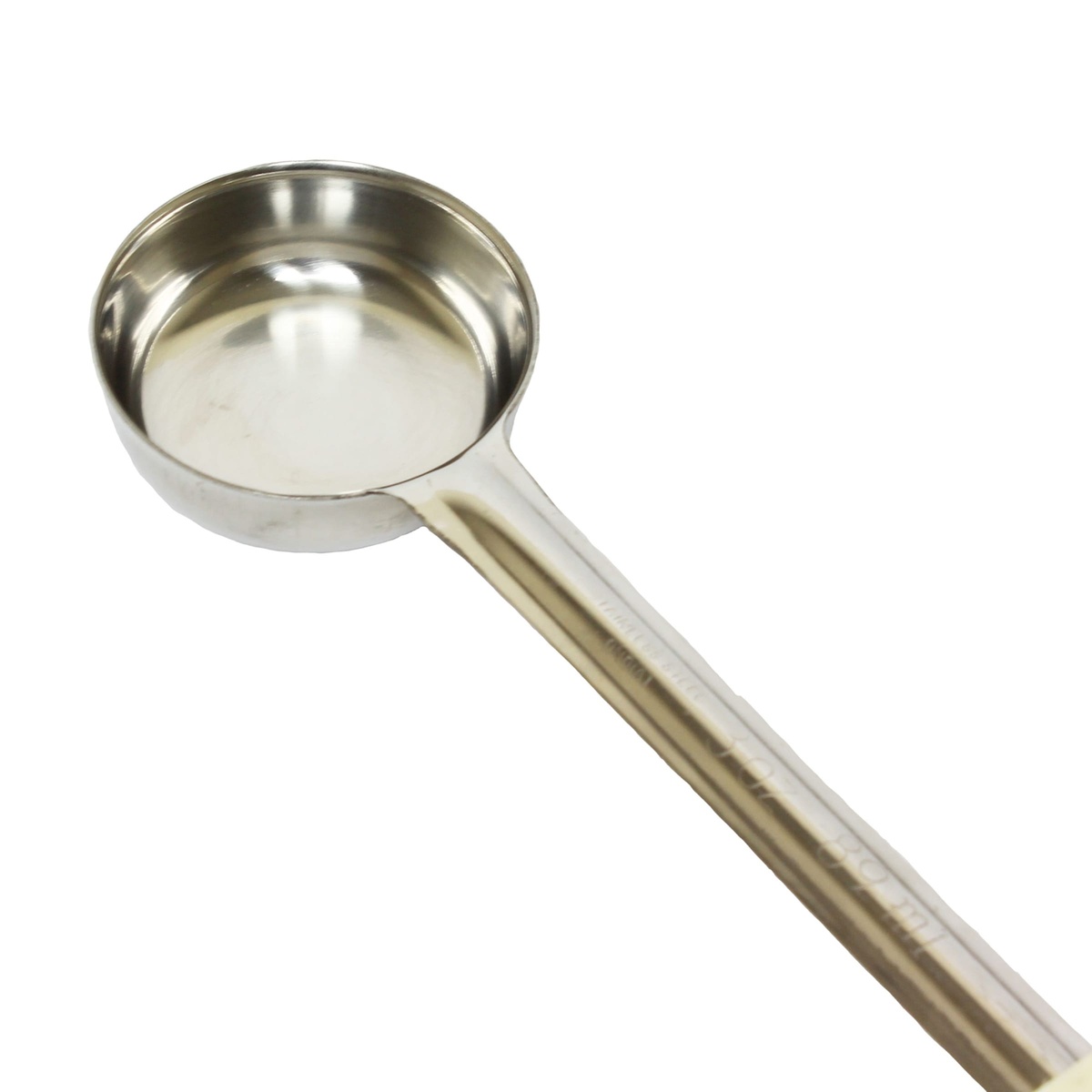 Close-up of the solid stainless steel bowl of the Thunder Group SLLD003A portion spoon