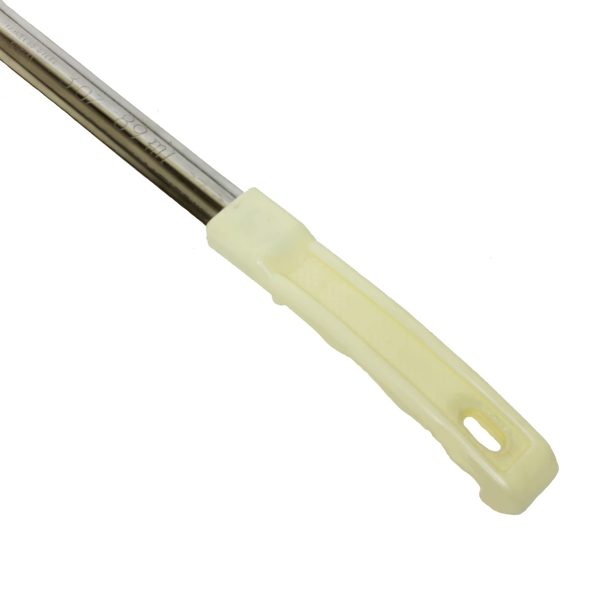Close-up of the ivory color-coded plastic handle on the Thunder Group SLLD003A portion spoon