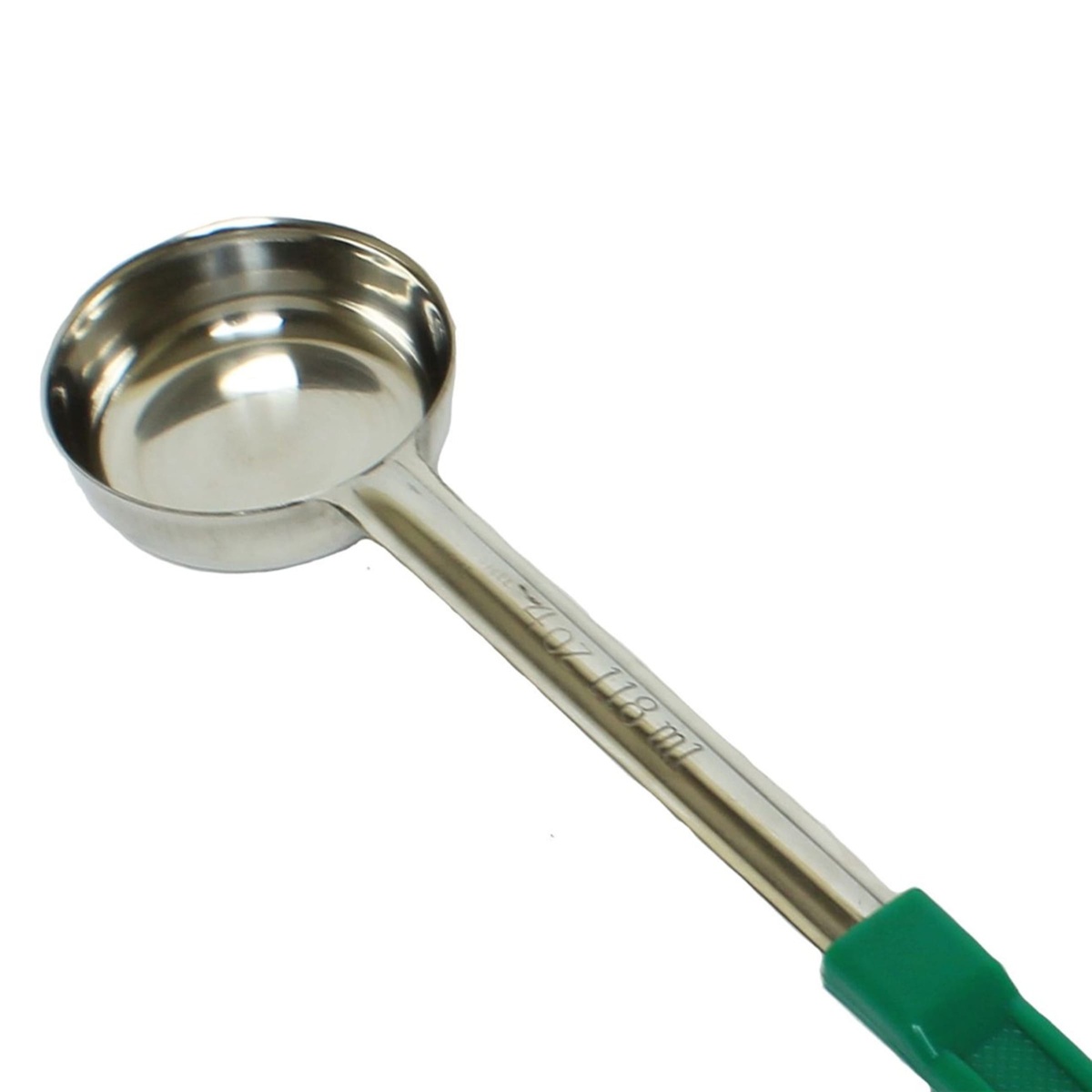 Close-up of the mirror-finished stainless steel solid bowl of the Thunder Group SLLD004A portion spoon