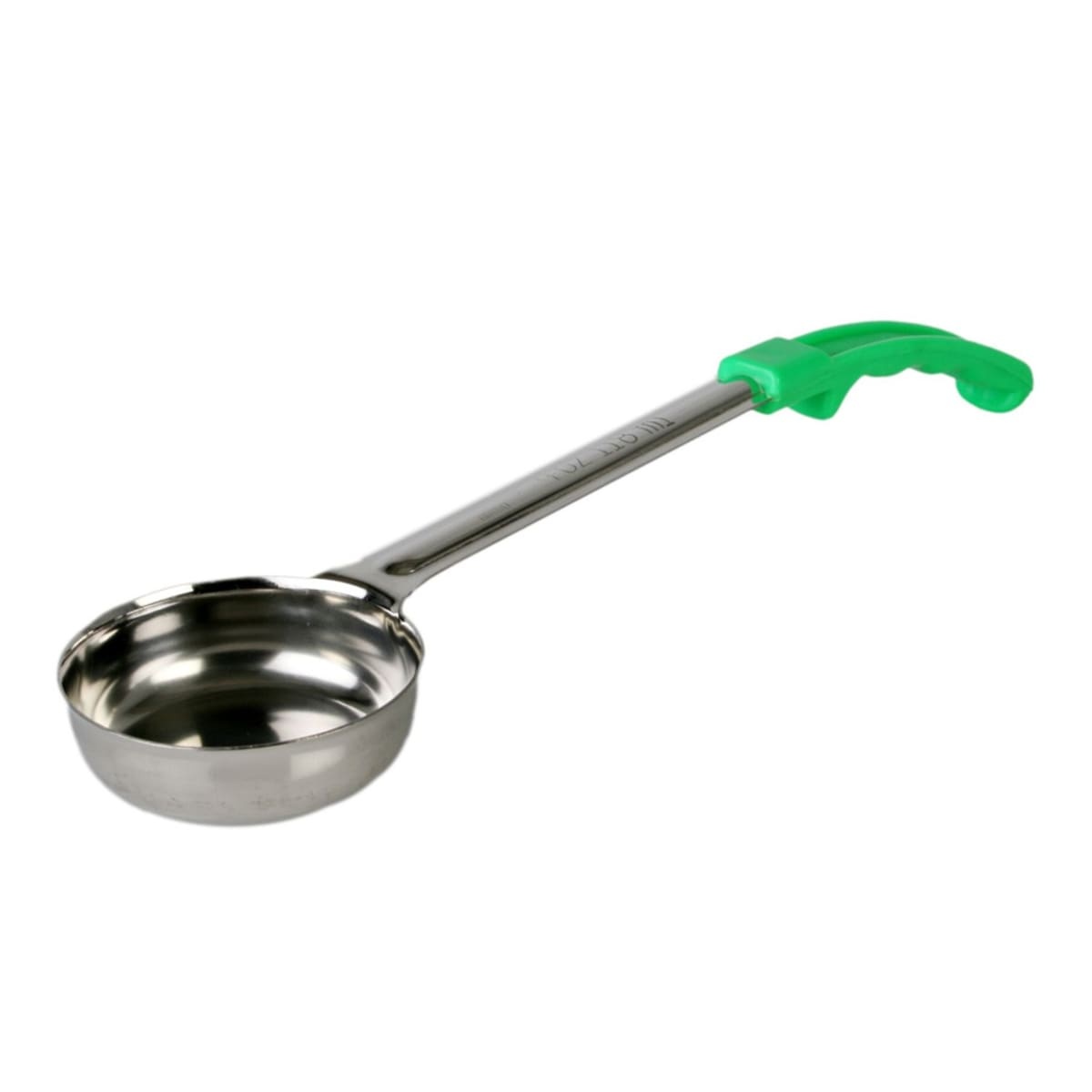 Thunder Group SLLD004A 4 oz solid portion spoon with stainless steel bowl and green color-coded handle, full view