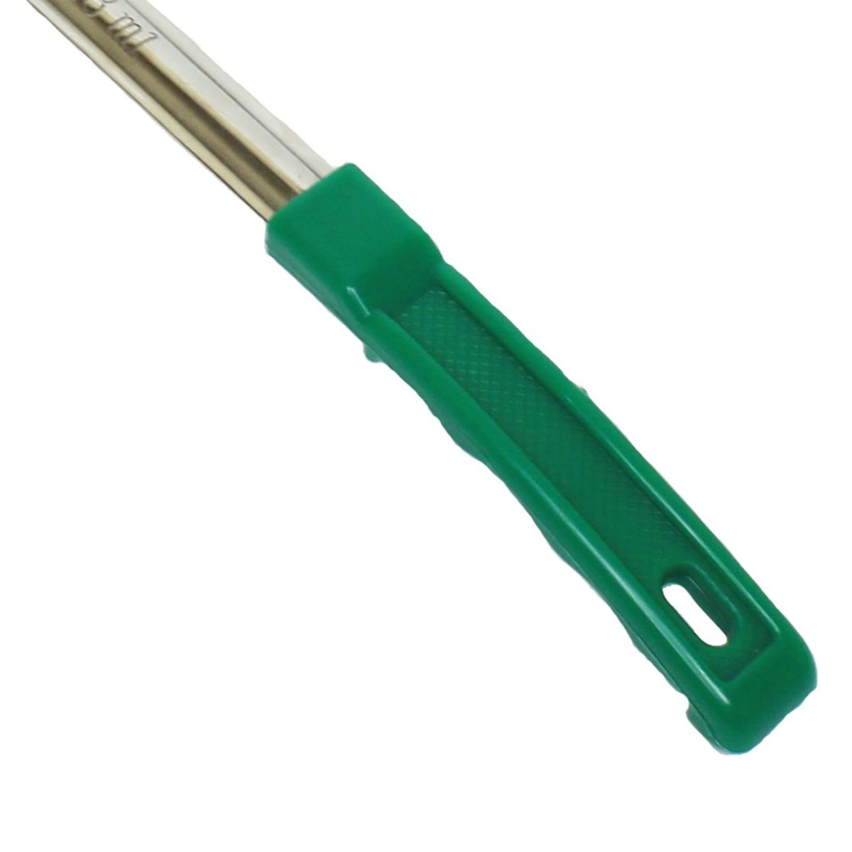 Close-up of the textured green polypropylene color-coded handle of the Thunder Group SLLD004A portion spoon