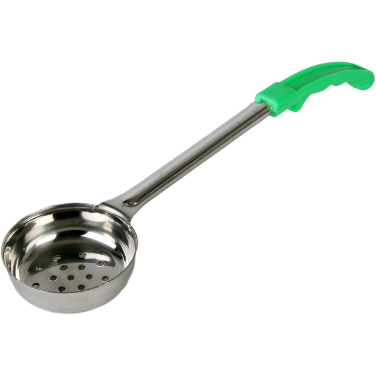 Thunder Group SLLD104PA 4 oz perforated portion control spoon with stainless steel bowl and green plastic handle
