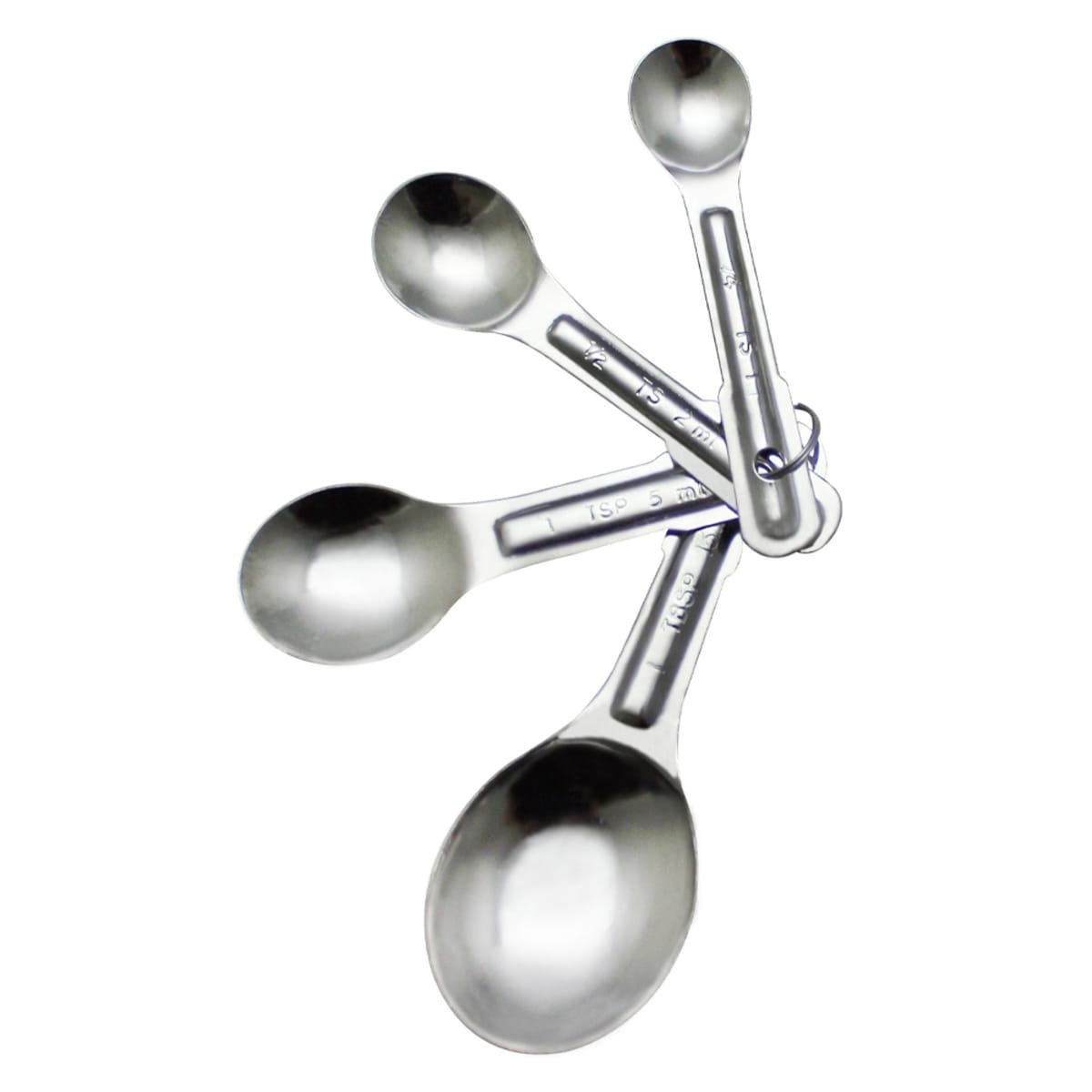 Thunder Group SLMC2415 4-piece stainless steel measuring spoon set fanned out and joined by a ring