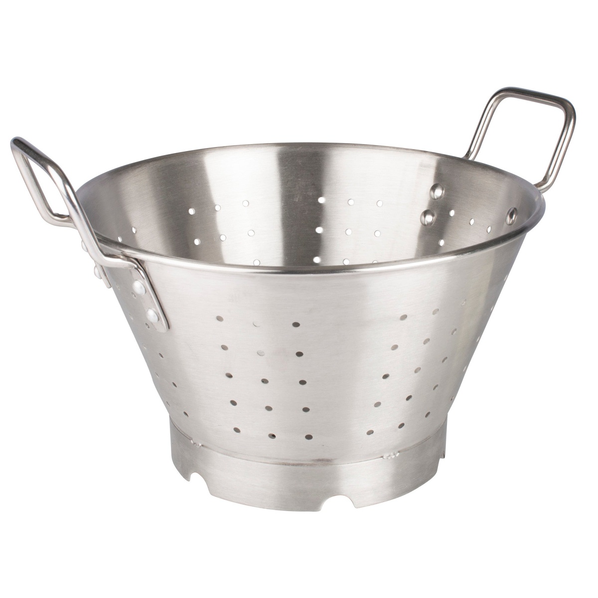 Winco SLO-11 11-quart stainless steel colander with dual handles and elevated base on white background