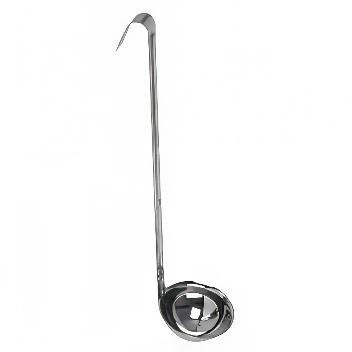 Thunder Group SLOL007 stainless steel ladle showing hooked handle end detail, angled view