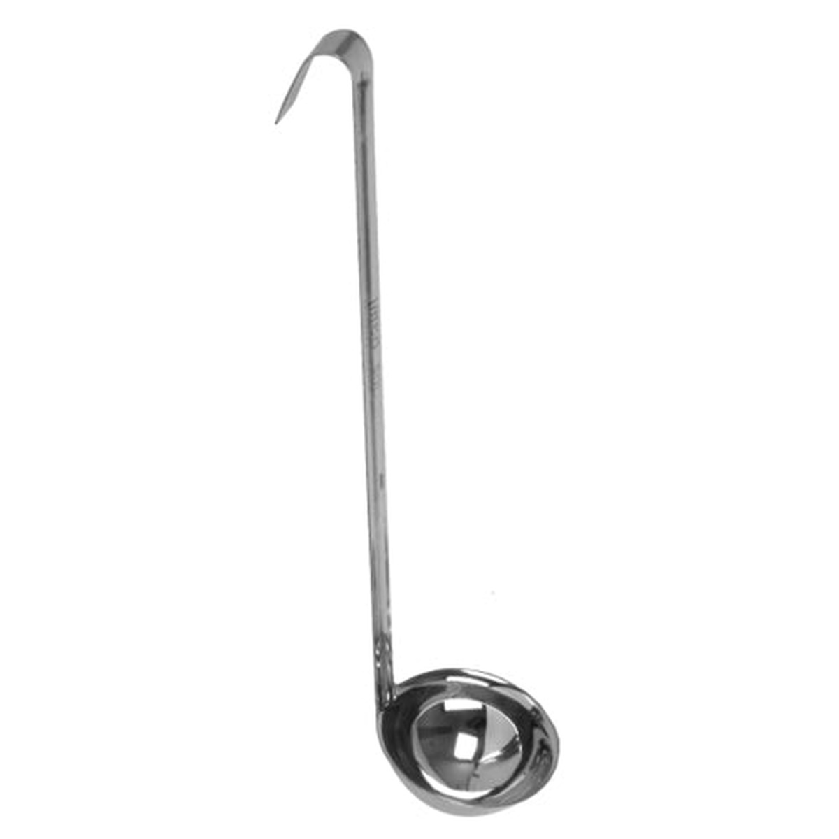 Thunder Group SLOL008 12 oz. stainless steel one-piece ladle with hooked handle on white background