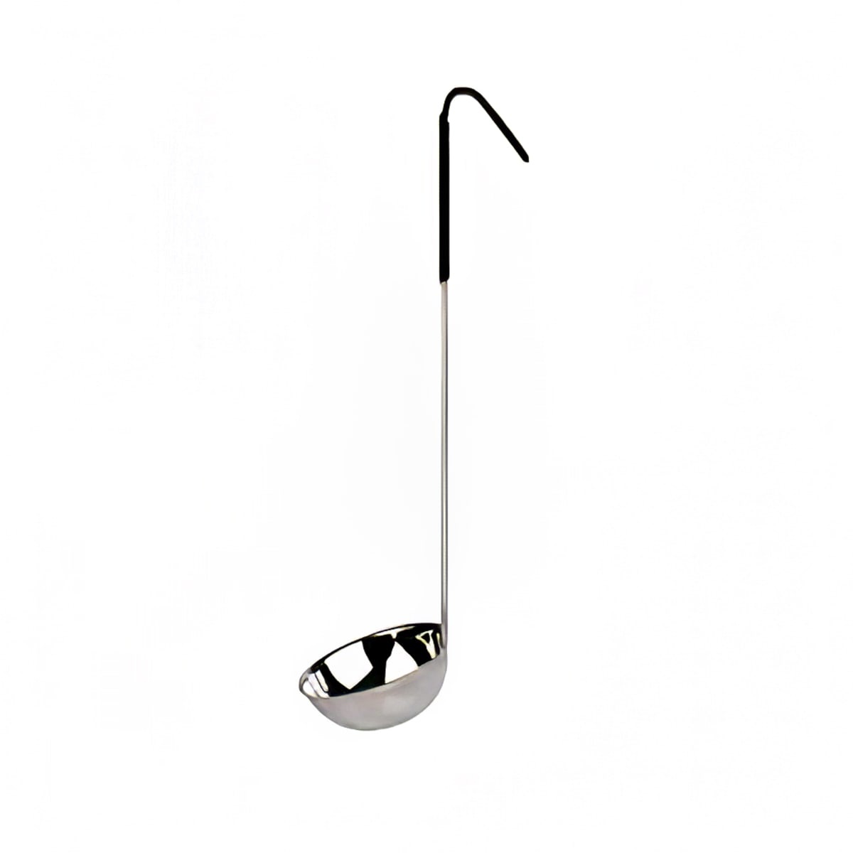 Thunder Group SLOL206 6 oz stainless steel serving ladle with black vinyl handle on white background