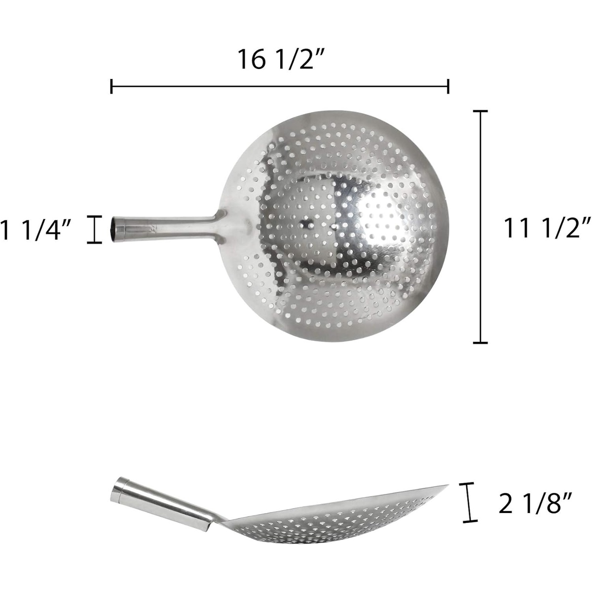 Thunder Group SLOS002 oil skimmer top and side view with dimensions: 16.5 inch total length, 11.5 inch bowl width, 2.125 inch depth, 1.25 inch handle diameter