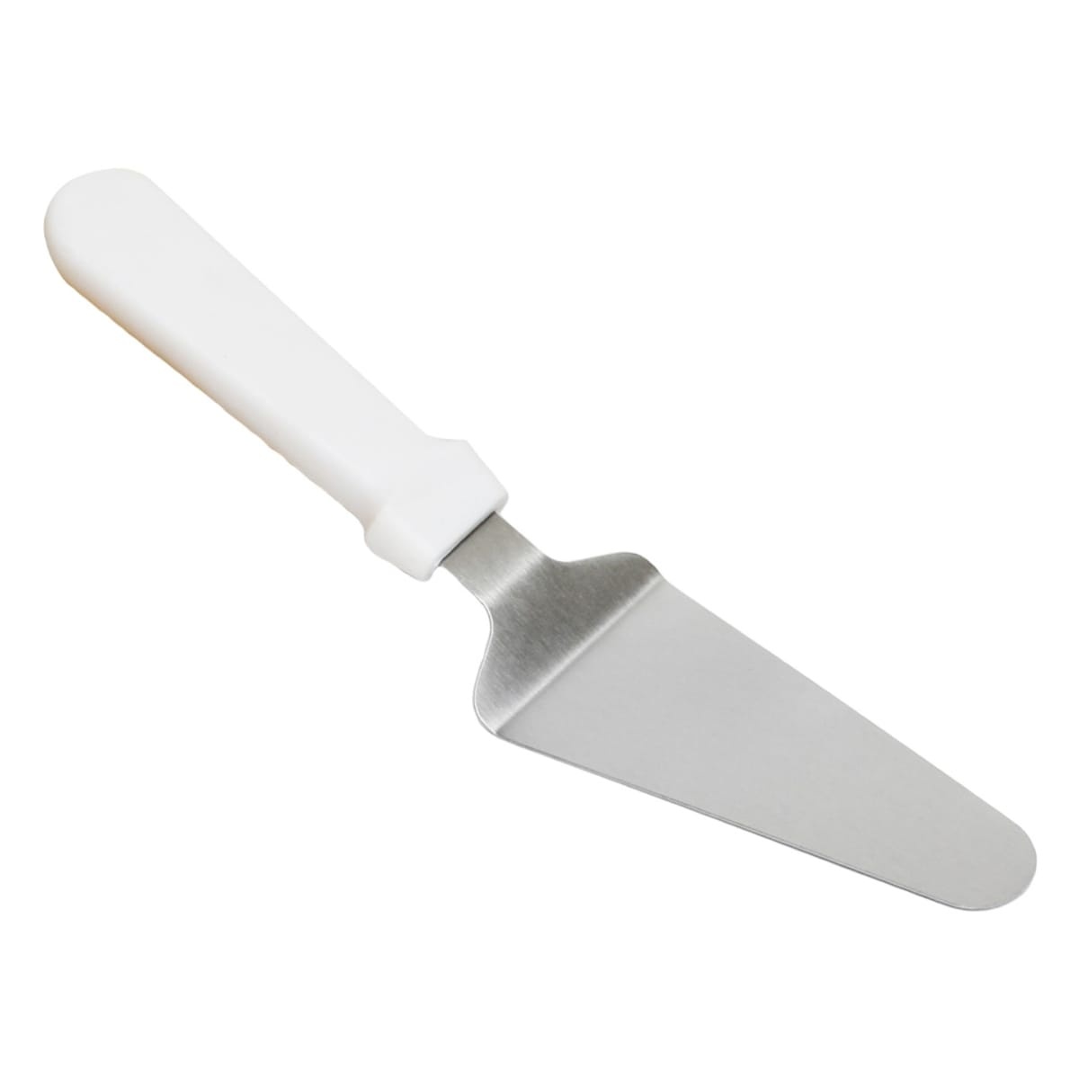 Thunder Group SLPS027P stainless steel pie server with white plastic handle on white background
