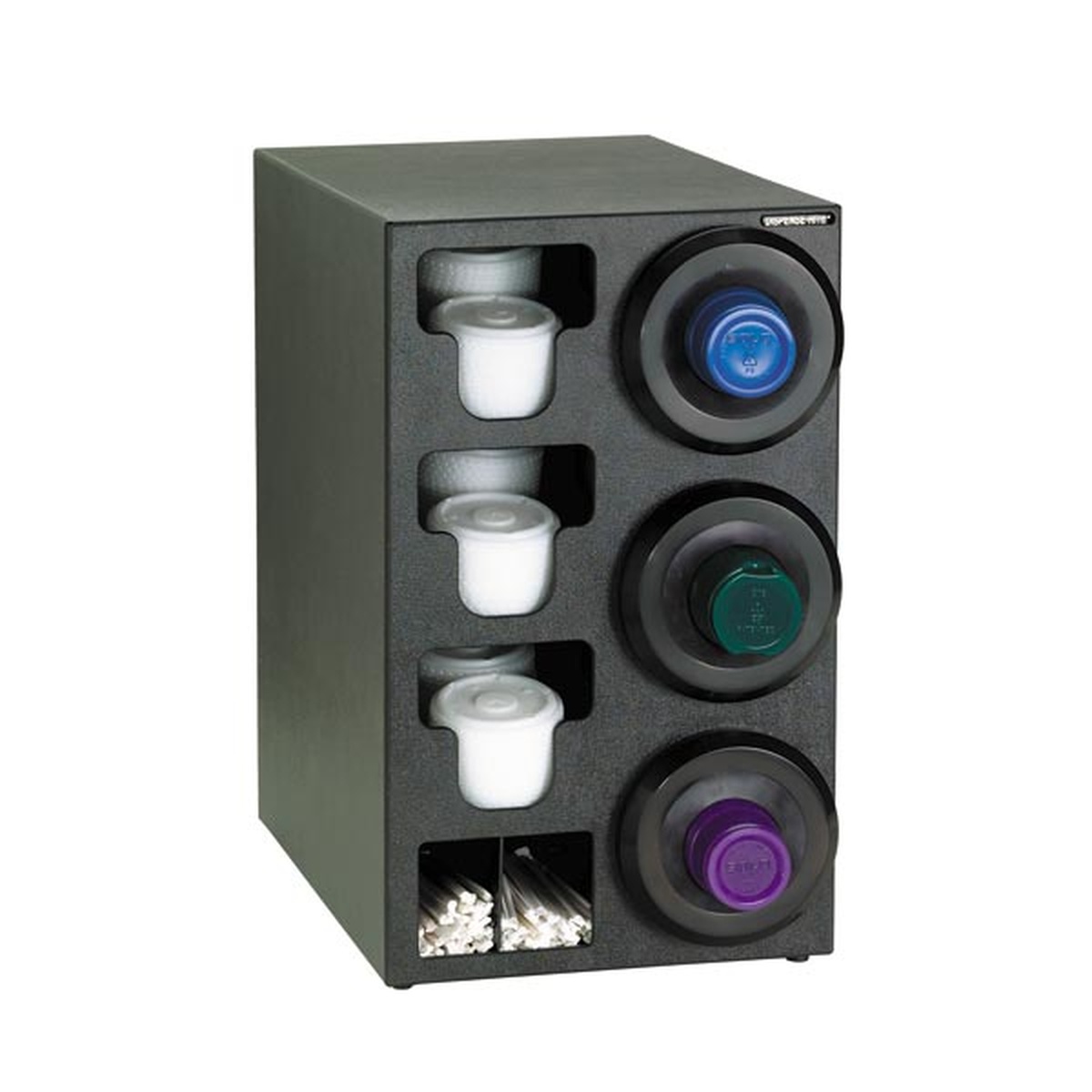 Dispense-Rite SLR-C-3RBT countertop cabinet showing three cup dispensers on right and lid and straw compartments on left