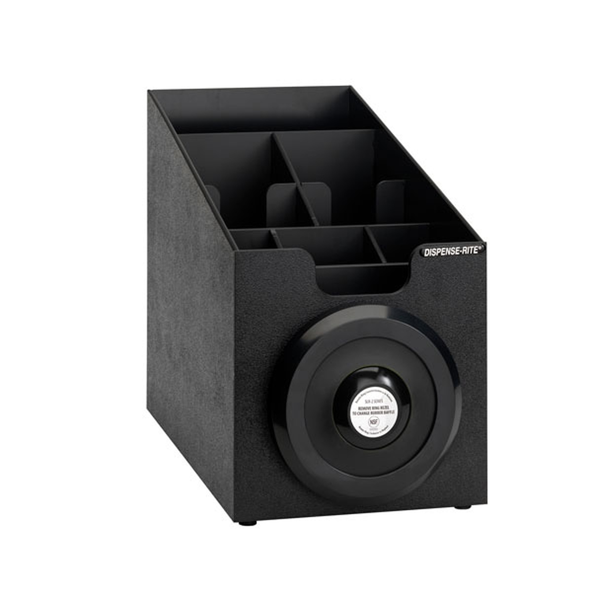 Dispense-Rite SLR-SCL-1BT black polystyrene countertop cup dispensing cabinet, empty view showing compartment layout