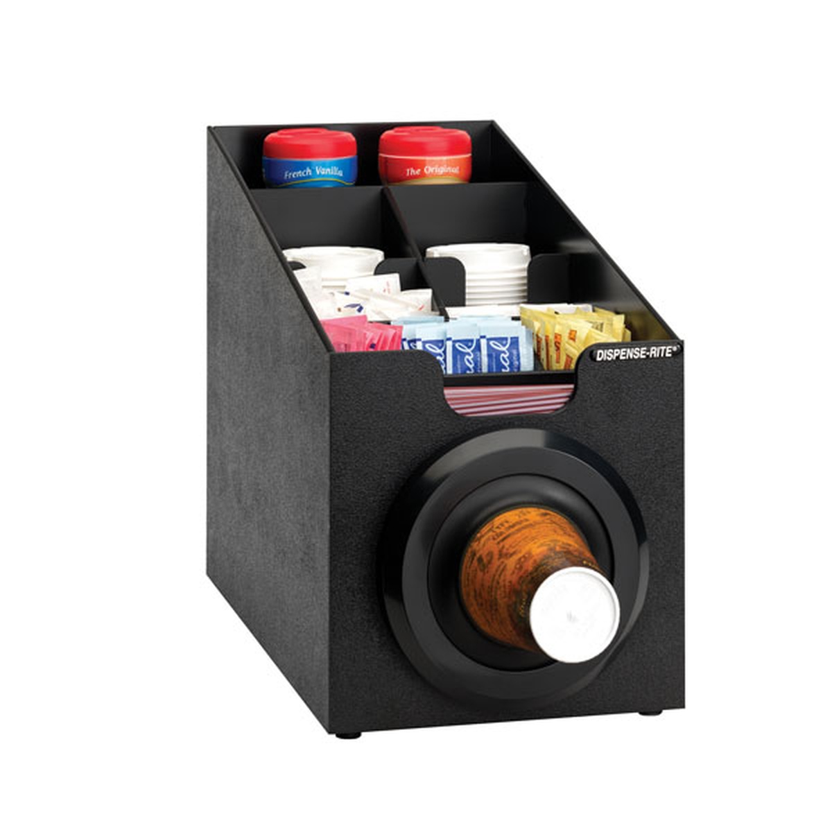 Dispense-Rite SLR-SCL-1BT countertop cabinet dispenser loaded with cups, lids, and condiment packets