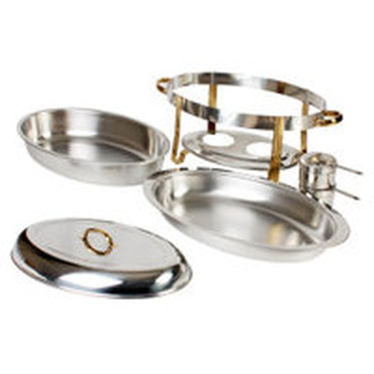 Thunder Group SLRCF0836GH chafing dish components laid out including food pan, water pan, lid, chafer rack, and fuel holders