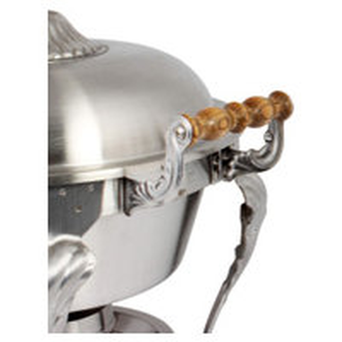 Close-up of wood carrying handle and decorative scrollwork on the Thunder Group SLRCF8632 chafing dish