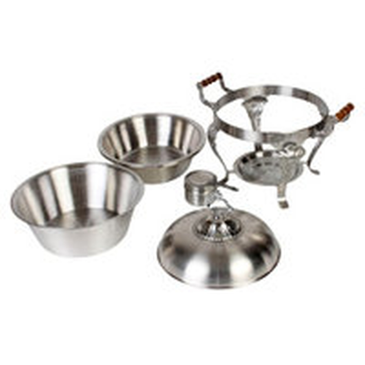 Thunder Group SLRCF8632 chafing dish components including food pan, water pan, dome lid, fuel holder, and chafer rack laid out separately