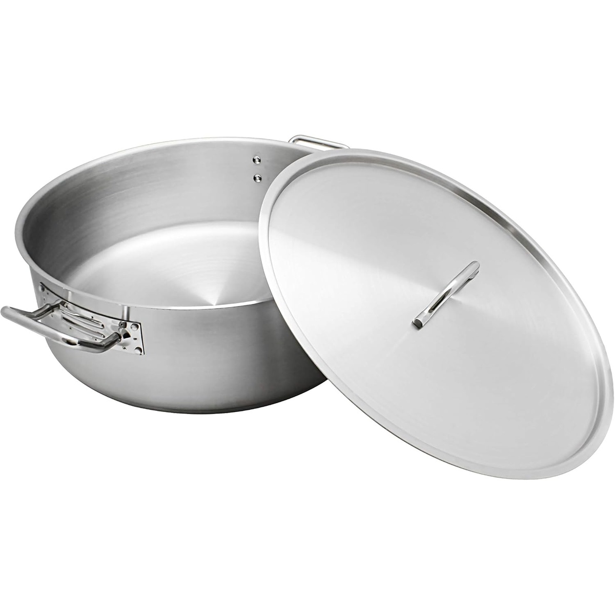 Thunder Group SLSBP025 25 Qt brazier pot interior shown with lid resting alongside