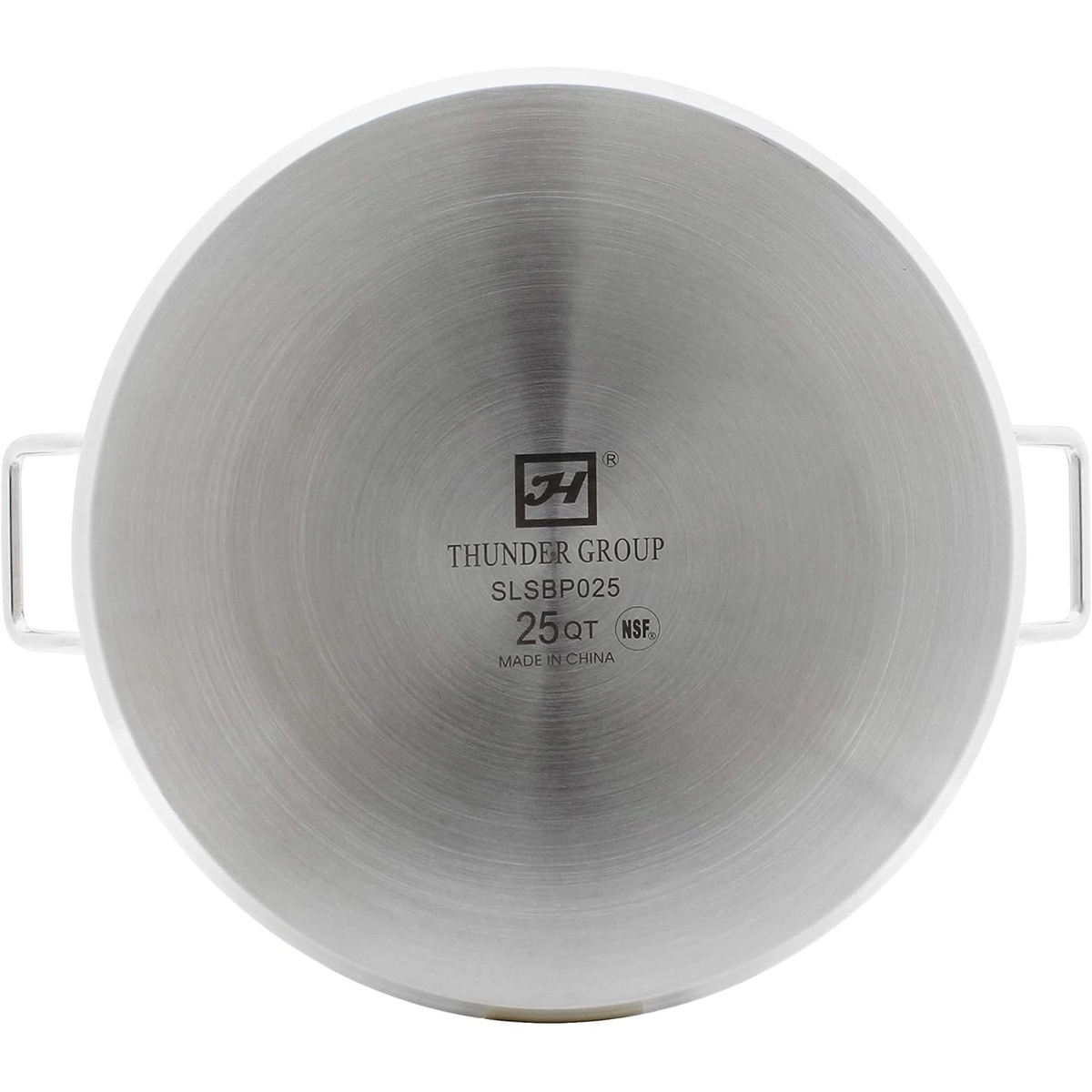 Bottom view of Thunder Group SLSBP025 brazier showing NSF certification mark, 25 QT stamp, and brand logo