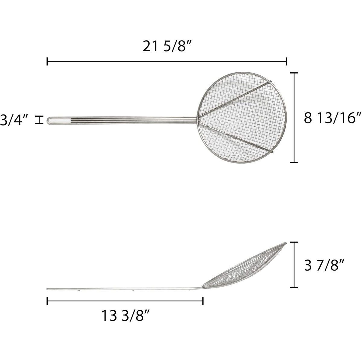 Thunder Group SLSKR913 skimmer dimension diagram showing 21 5/8 inch overall length, 8 13/16 inch bowl width, 13 3/8 inch handle length, and 3 7/8 inch bowl depth