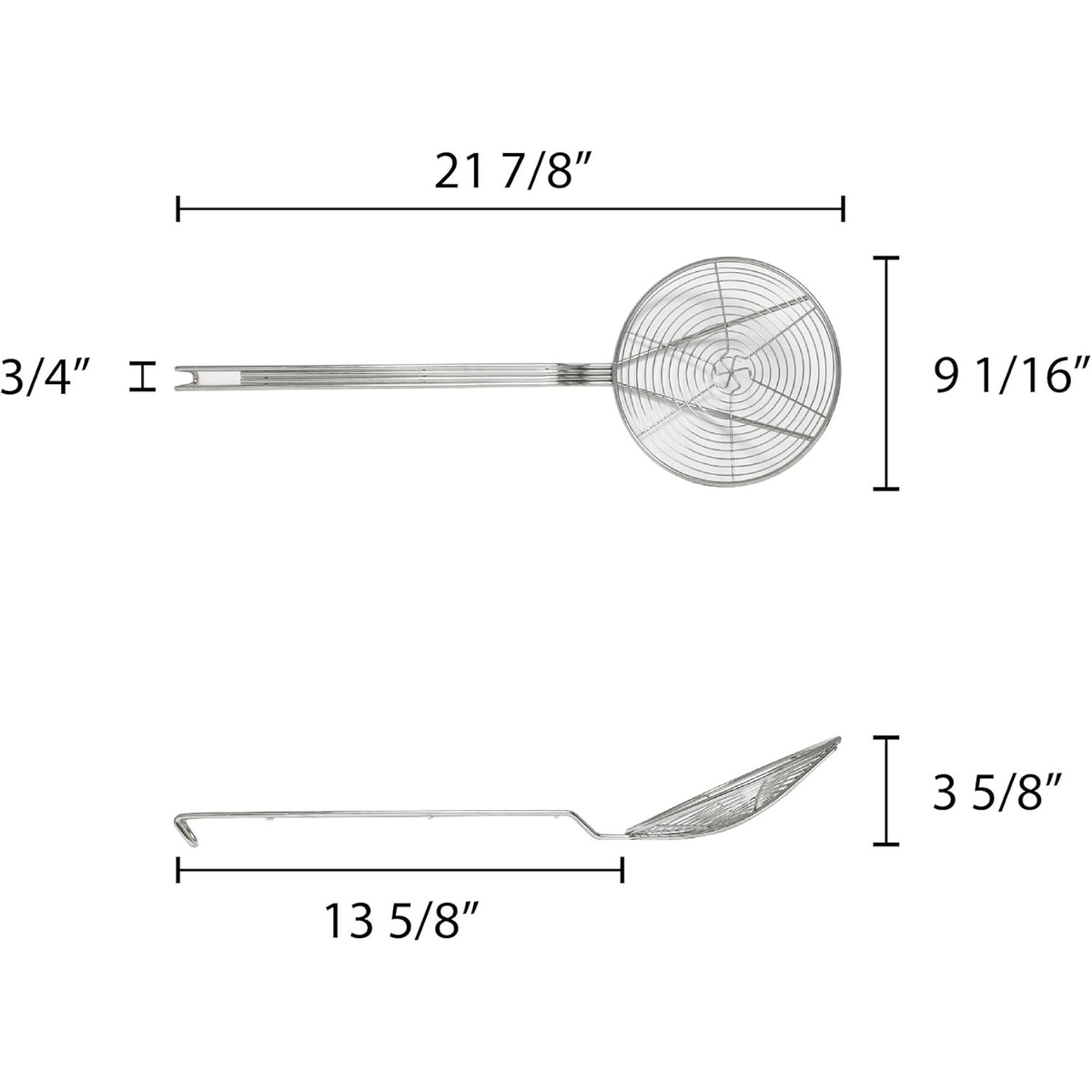 Thunder Group SLSKS009 wire skimmer dimension diagram showing 21 7/8 inch total length, 9 1/16 inch diameter, 13 5/8 inch handle, and 3 5/8 inch depth