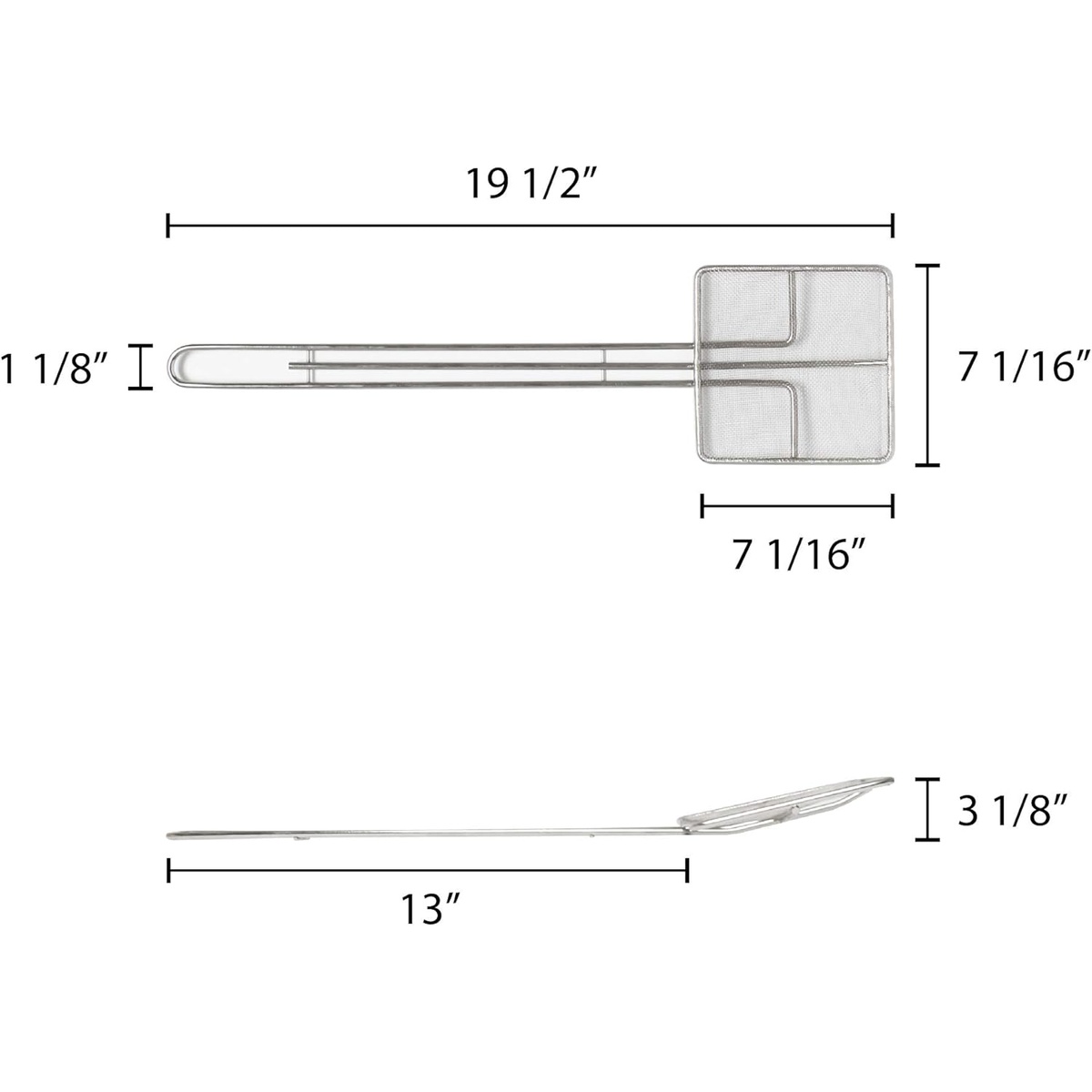 Dimension diagram of Thunder Group SLSKS714 skimmer showing 19.5-inch overall length and 7 1/16-inch square mesh head