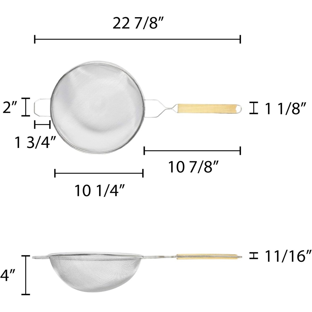 Dimension diagram of Thunder Group SLSTN5110 strainer showing 22 7/8-inch total length, 10 1/4-inch bowl width, and 4-inch bowl depth