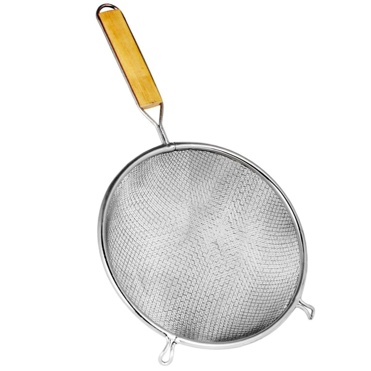 Thunder Group SLSTN5206 6-inch stainless steel double fine mesh strainer with flat wooden handle on white background