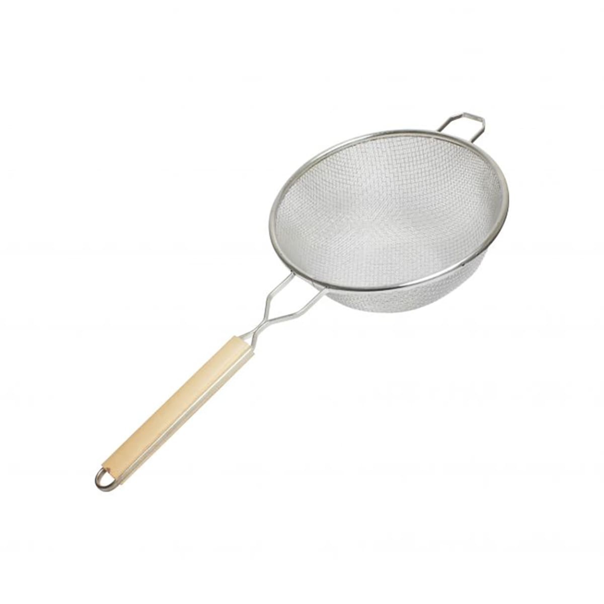 Thunder Group SLSTN5210 10-inch double fine mesh strainer with wooden handle, viewed from above at an angle