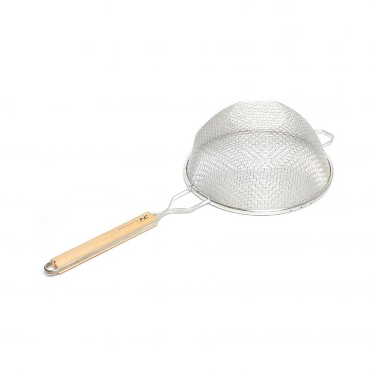 Thunder Group SLSTN5210 strainer viewed from the side showing the dome profile of the double fine mesh basket and wooden handle