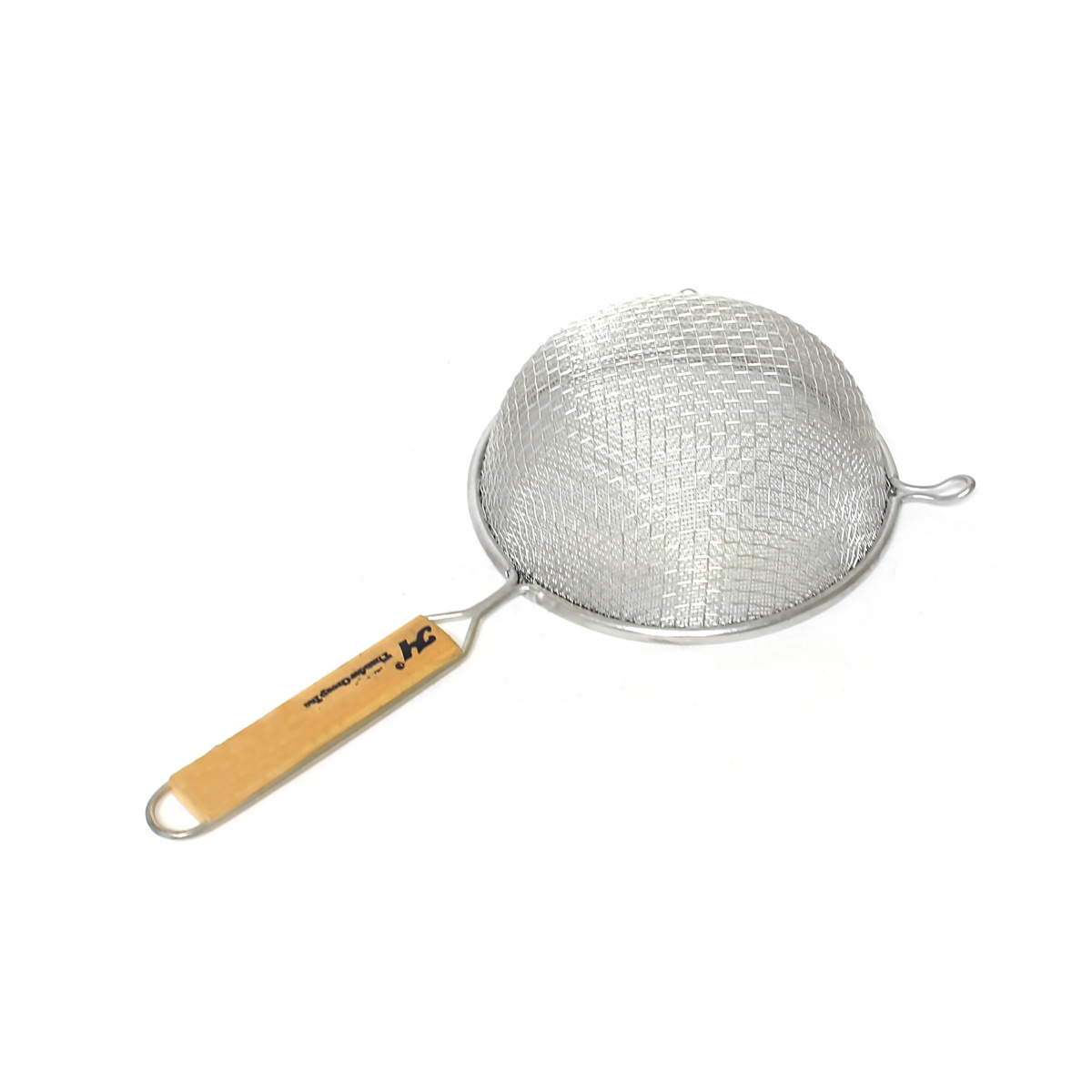 Thunder Group SLSTN5408 strainer angled side view showing mesh bowl depth and wooden handle