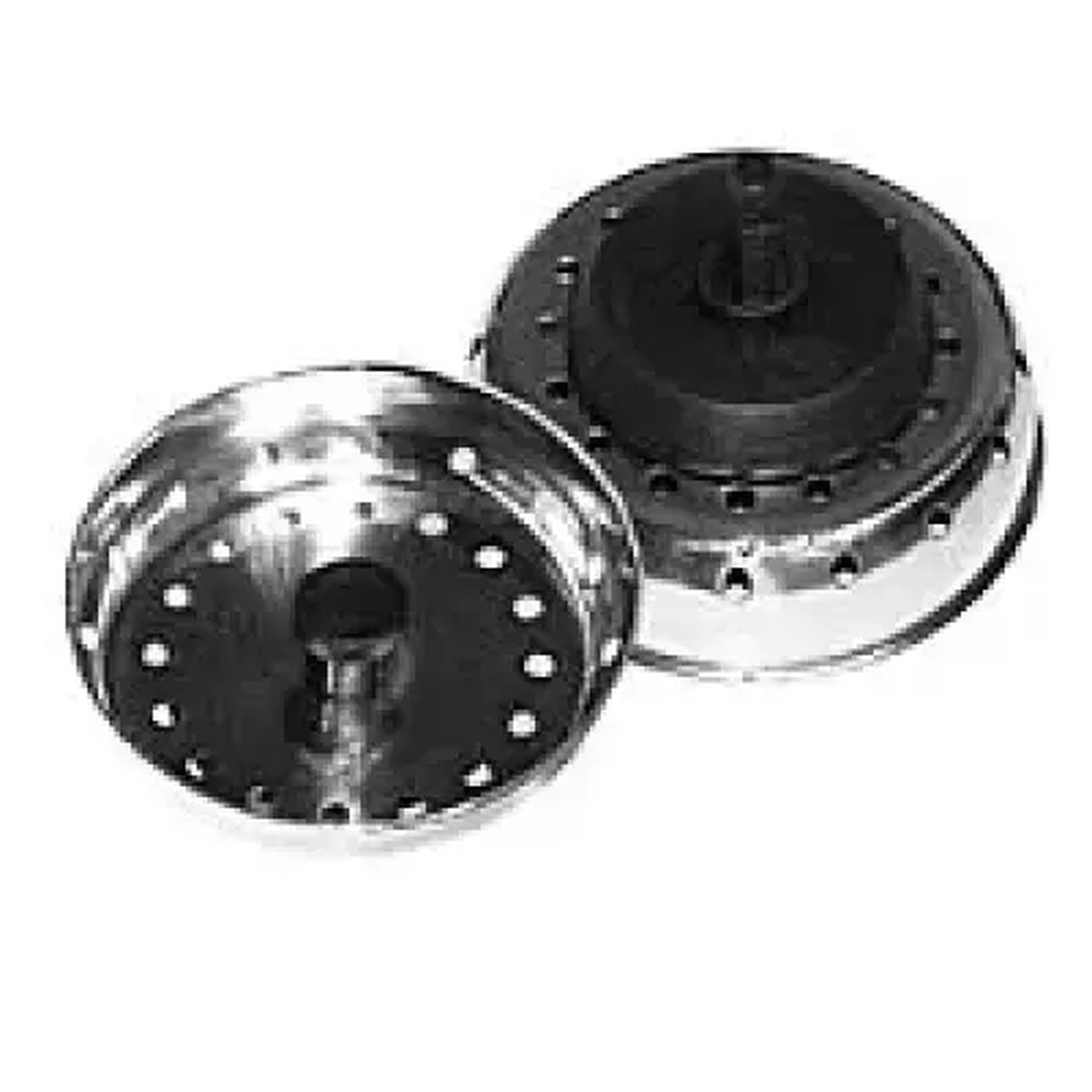 Thunder Group SLSTR30 stainless steel perforated sink strainer shown from top and bottom, displaying perforated dome and rubber stopper