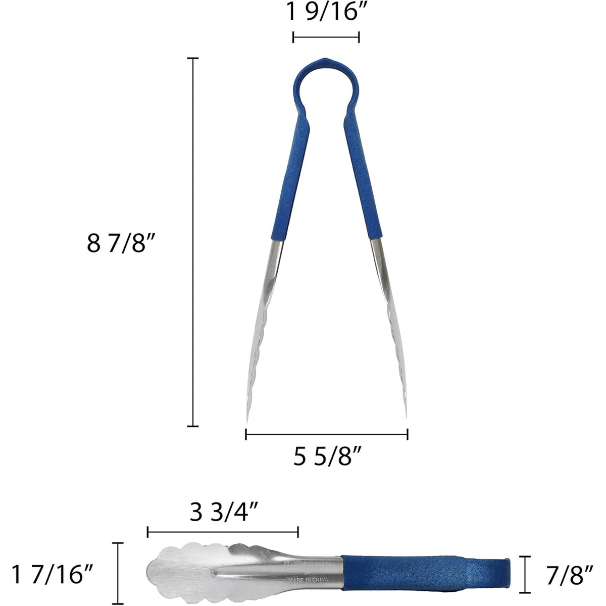Dimension diagram of Thunder Group SLTG810B tongs showing 8 7/8 inch height, 5 5/8 inch spread, and 3 3/4 inch scalloped head width