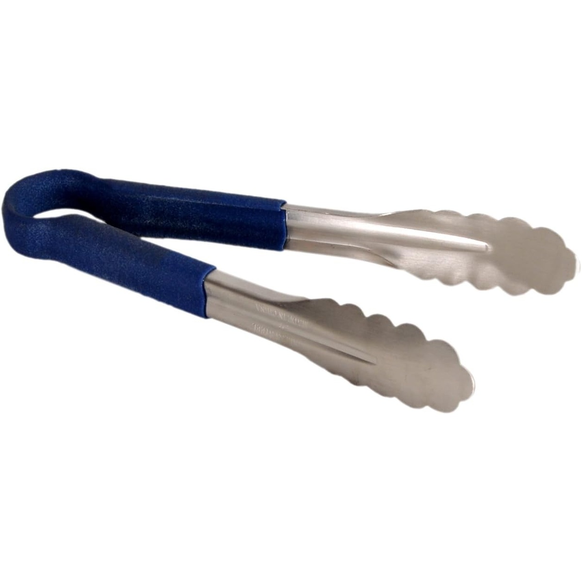 Thunder Group SLTG810B 10-inch stainless steel utility tongs with blue PVC-coated handles and scalloped gripping ends