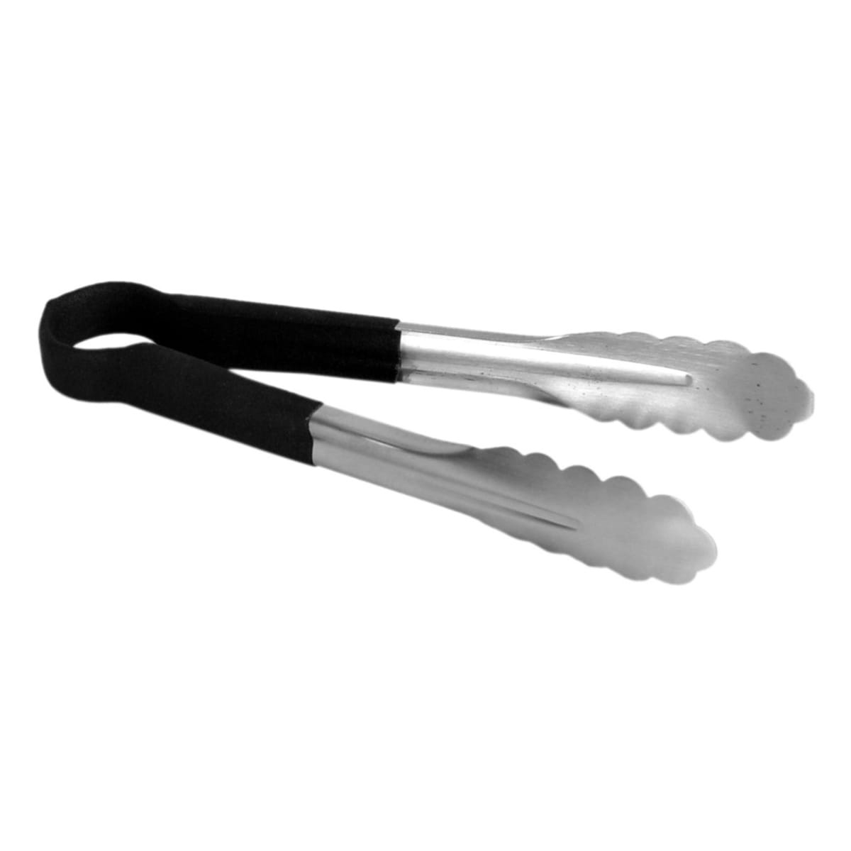 Thunder Group SLTG810K 10-inch stainless steel utility tongs with black nonslip handle and scalloped gripping tips