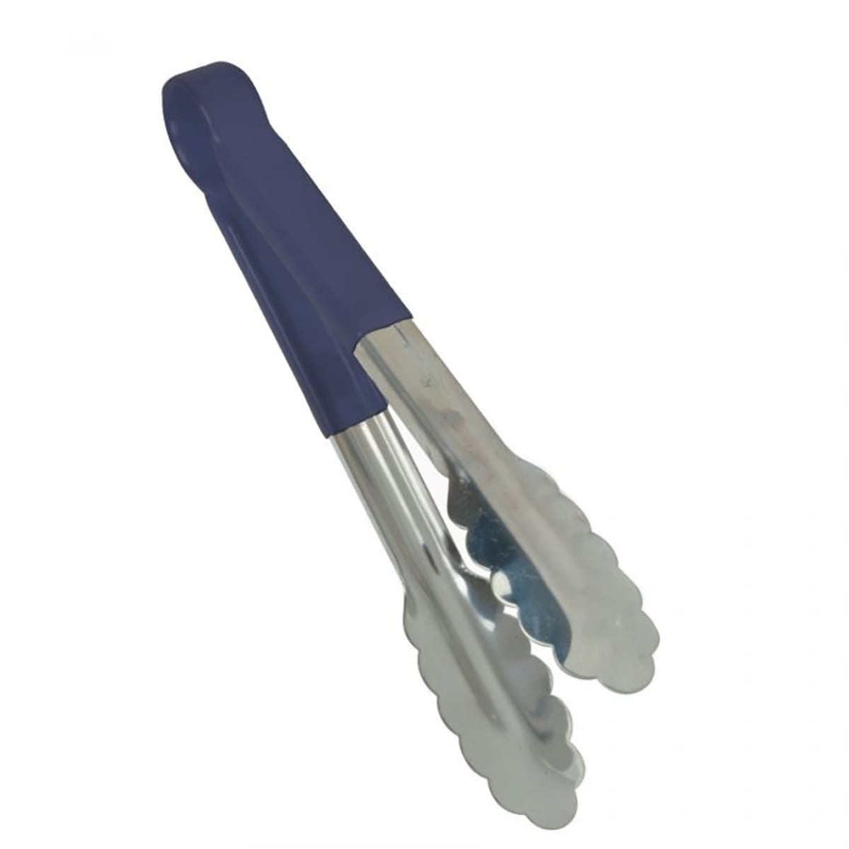 Thunder Group SLTG812B 12-inch stainless steel utility tongs with blue nonslip PVC handle and scalloped gripping jaws