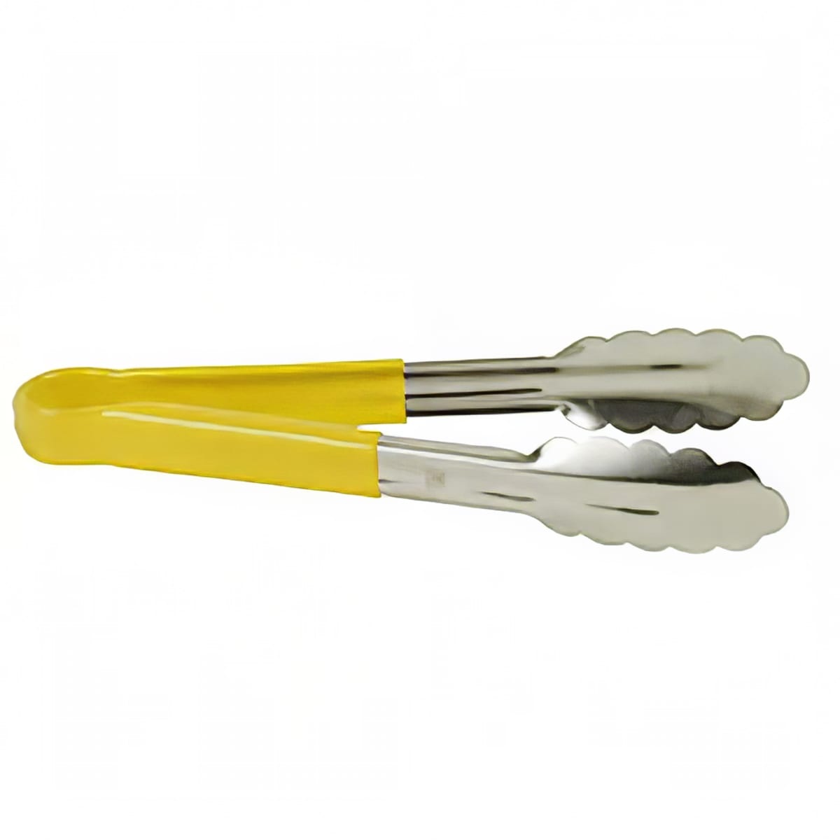 Thunder Group SLTG812Y 12-inch stainless utility tongs with yellow nonslip handle and scalloped gripping tips