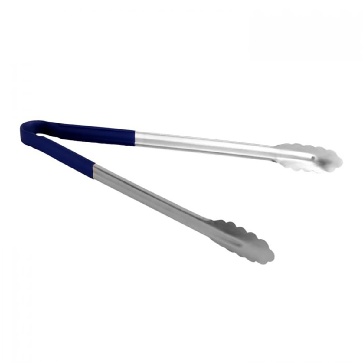 Thunder Group SLTG816B 16-inch stainless steel utility tongs with blue PVC-coated handle and scalloped gripping ends