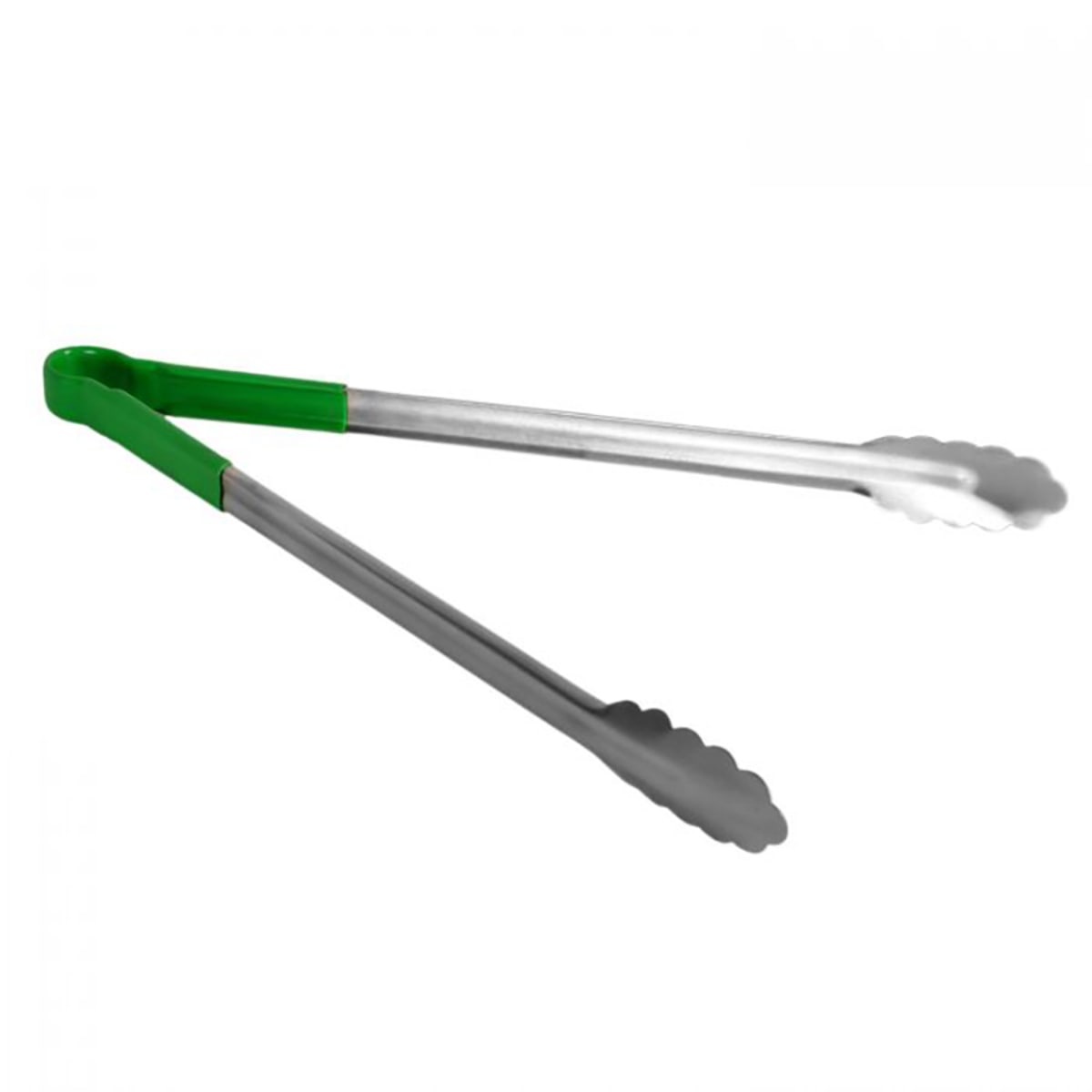 Thunder Group SLTG816G 16-inch stainless steel utility tongs with green non-slip PVC-coated handle and scalloped tips