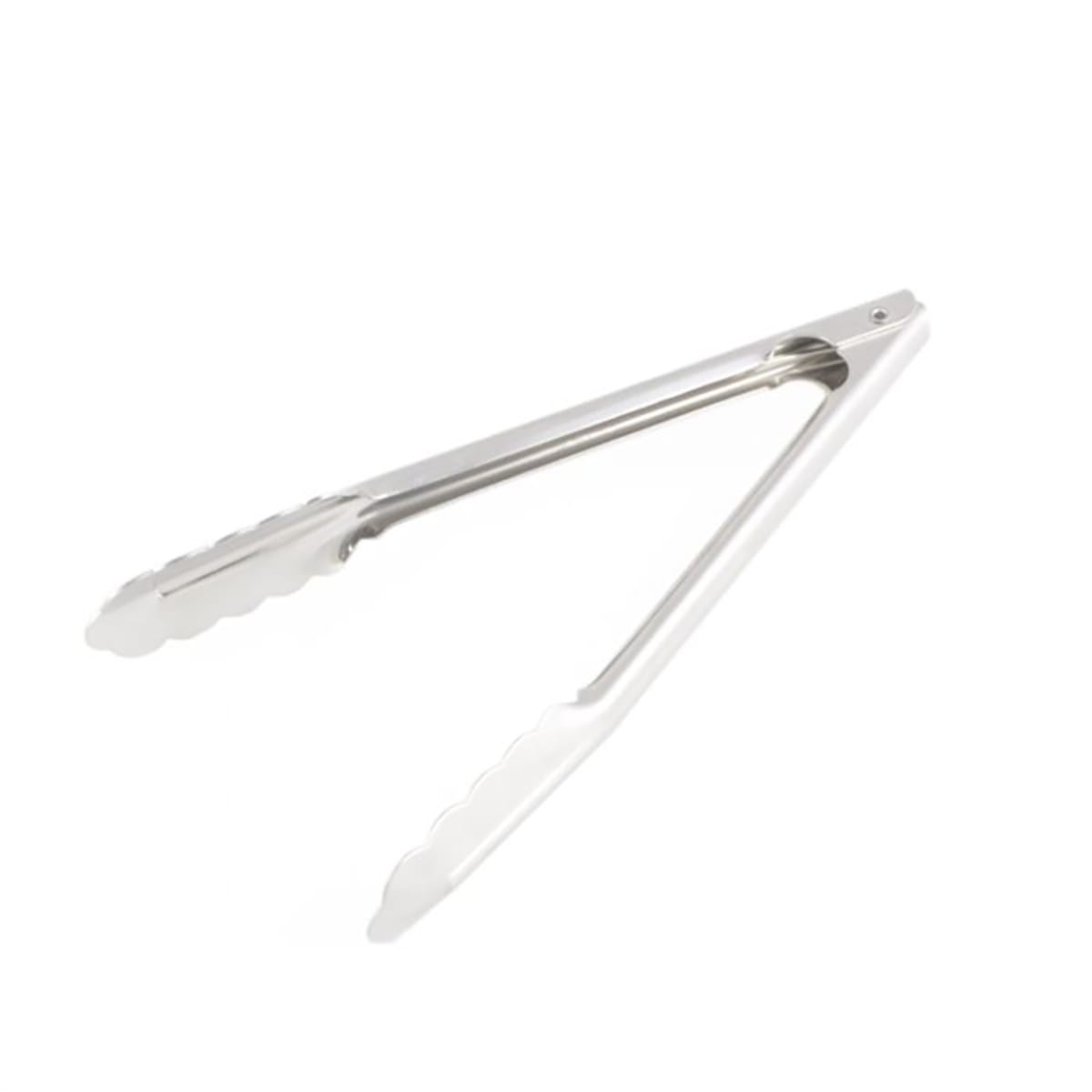 Thunder Group SLTHUT010 10-inch stainless steel utility tongs with scalloped tips, flat spring pivot, and locking ring