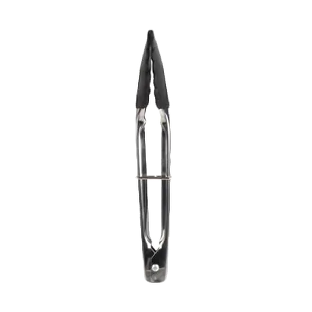 Thunder Group SLTHUT507 7-inch stainless steel utility tongs with black non-slip silicone tips and locking ring